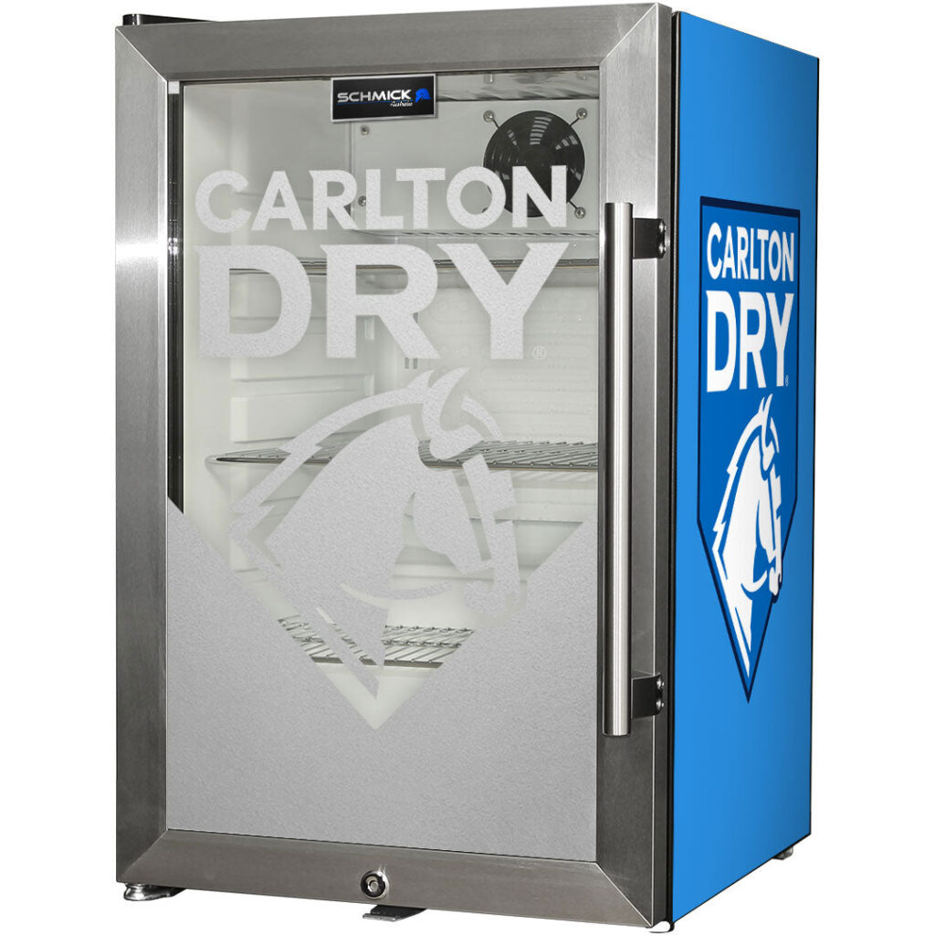 carlton dry Carlton Dry MID Blue Tropical Glass Door Mini Bar Fridge - 80 Cans Left Hinged EC68L-SSH-DRY - Model EC68L-SSH-DRY-MID | Retrocade