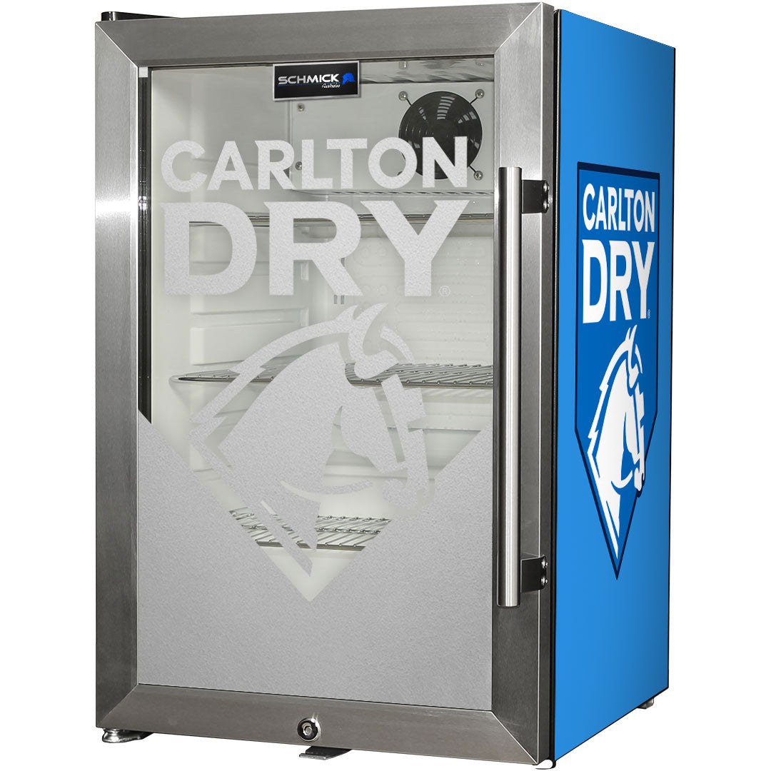 carlton dry Carlton Dry MID Blue Tropical Glass Door Mini Bar Fridge - 80 Cans Left Hinged EC68L-SSH-DRY - Model EC68L-SSH-DRY-MID | Retrocade