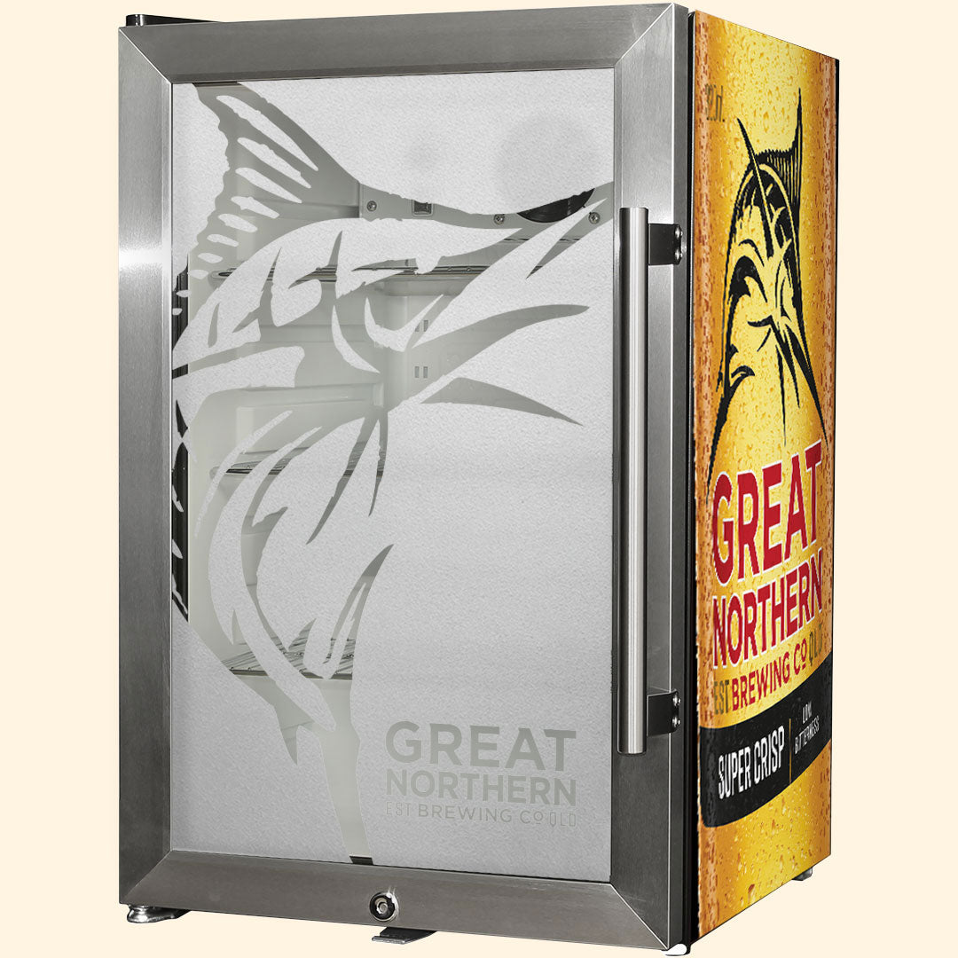 great northern Great Northern Original Tropical Glass Door Fridge - 80 Cans Left Hinge Model EC68L-SSH-CRISP | Retrocade