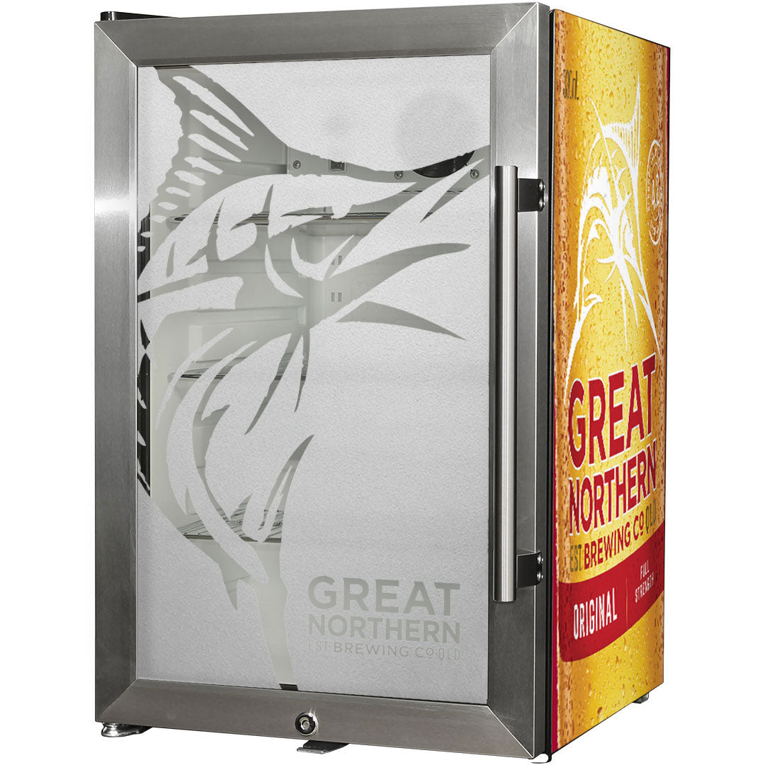 great northern Great Northern Original Tropical Glass Door Fridge - 80 Cans Left Hinge Model EC68L-SSH-ORIG | Retrocade