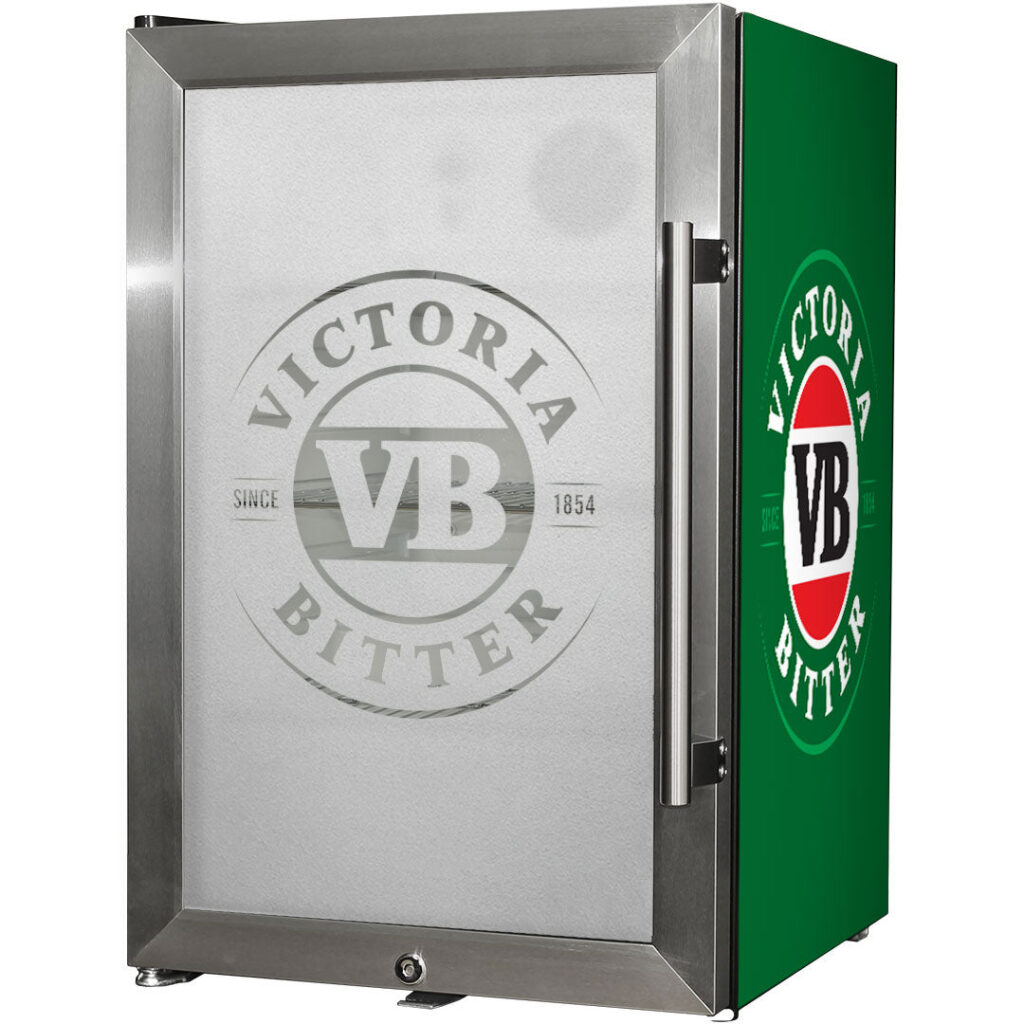 victoria bitter VB Tropical Glass Door Mini Bar Fridge Chromed Adjustable Shelves Blue Led Light And Holds 80 Cans EC68L-SSH-VB-V1 | Retrocade