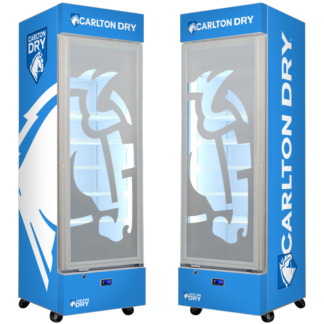 carlton dry Carlton Dry Mid 3.5% Branded Design - Upright Quiet Running Glass Door Bar Fridge - Model SC372-DRY-MID | Retrocade