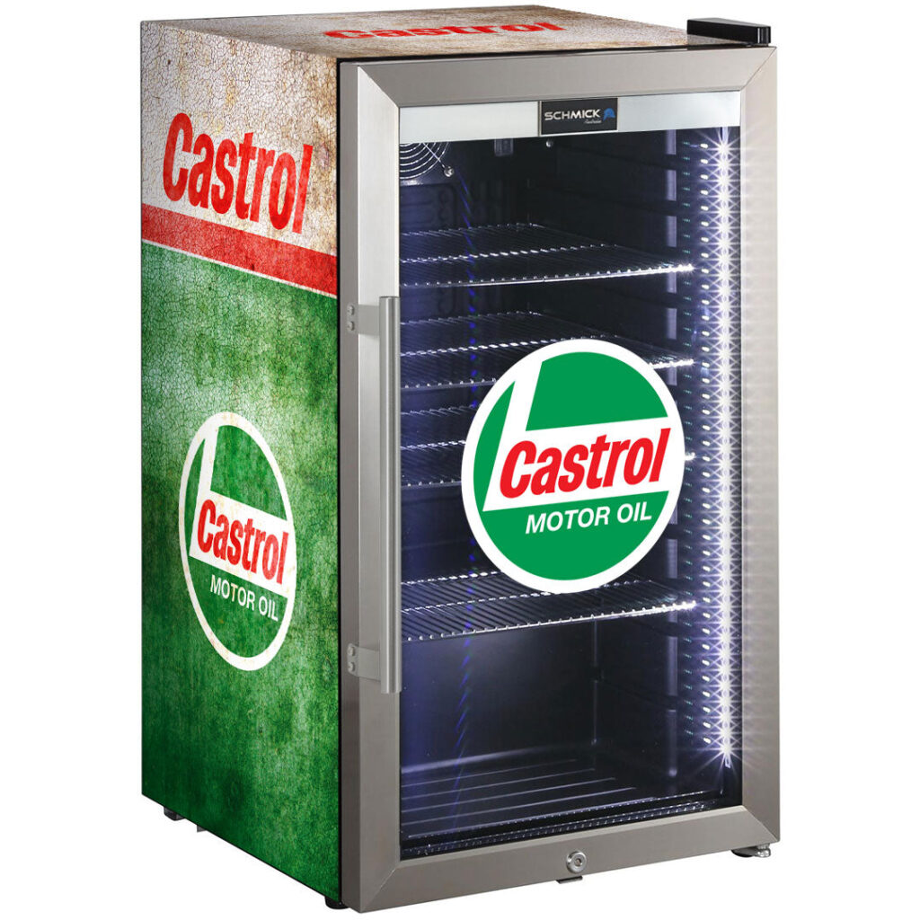 castrol Castrol Schmick Vintage Fuel Pump Triple Glazed Alfresco Bar Fridge With LED Strip Lights - Model SC88-FP-CASTROL | Retrocade