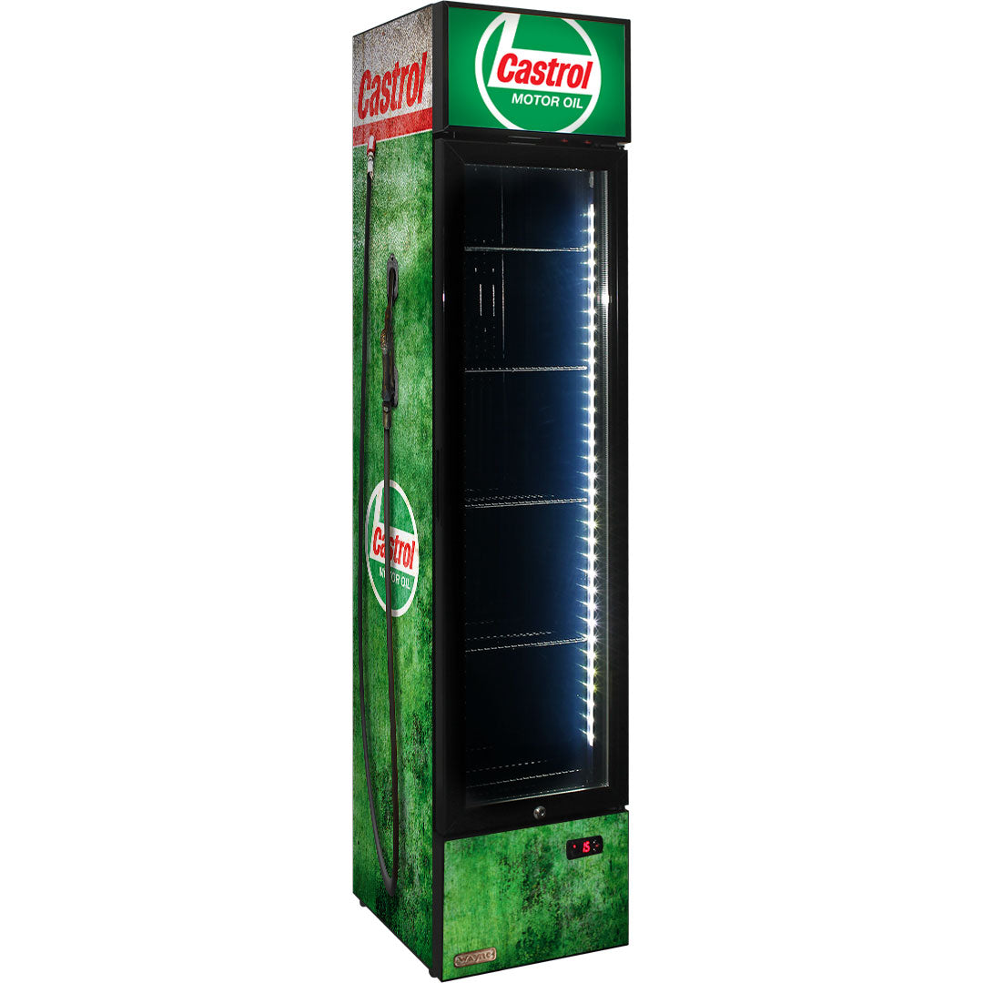 castrol Castrol Fuel Pump Branded Skinny Upright Bar Fridge - Model SS-P160-FP-CASTROL | Retrocade