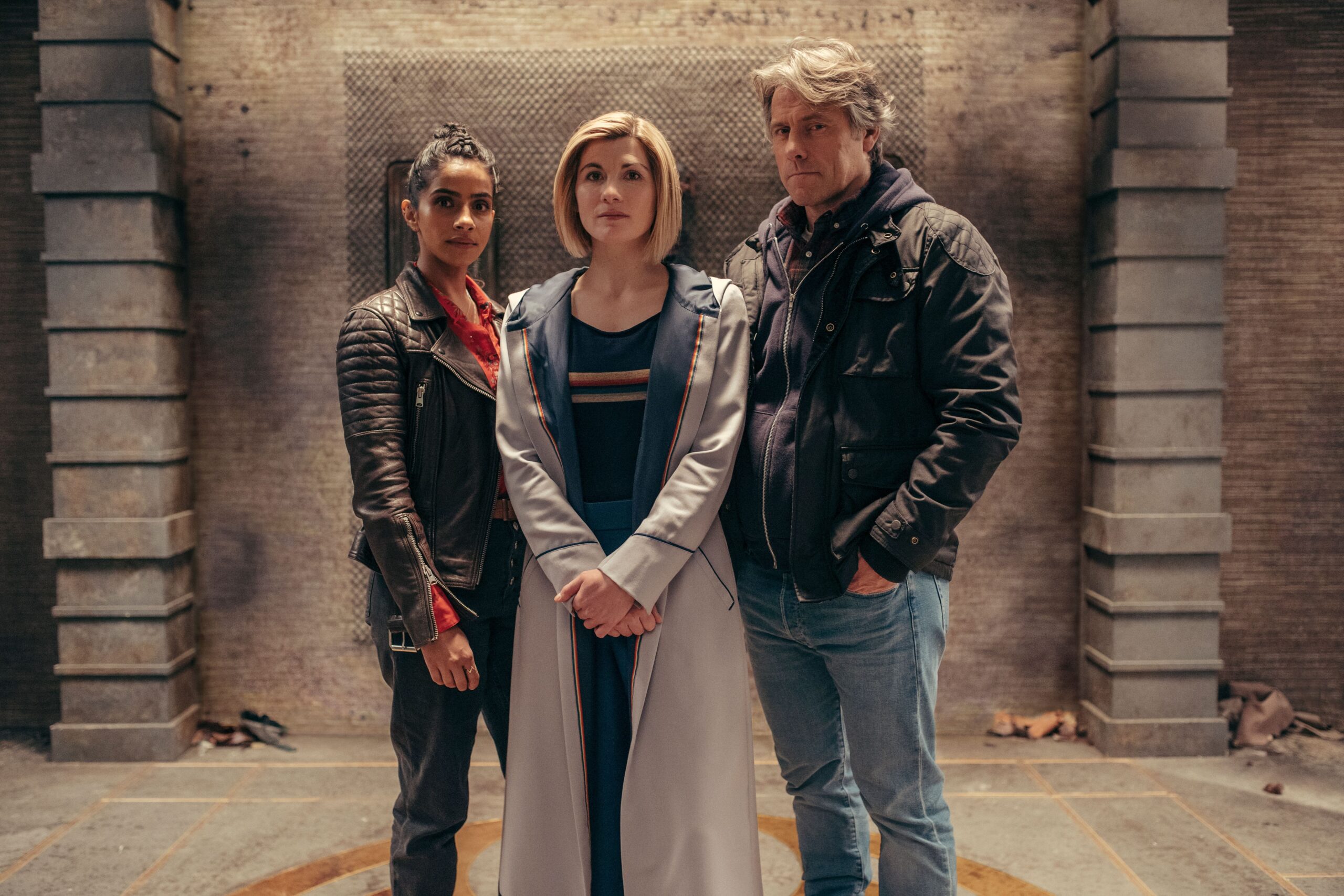 The Doctor (JODIE WHITTAKER) Yasmin Khan (MANDIP GILL), Dan (JOHN BISHOP) stand in an ancient ruin