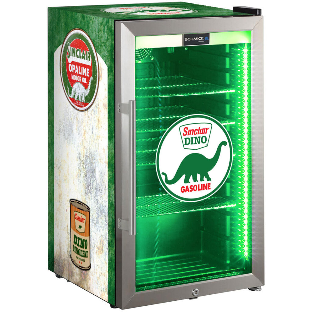 dino Dino Schmick Vintage Fuel Pump Triple Glazed Alfresco Bar Fridge With LED Strip Lights - Model SC88-FP-DINO | Retrocade