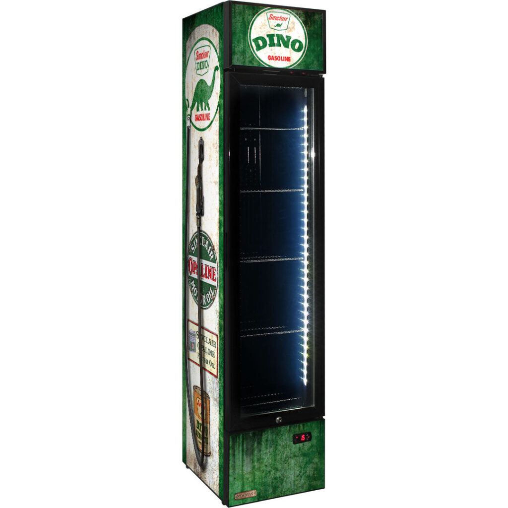 dino Dino Fuel Pump Branded Skinny Upright Bar Fridge - Model SS-P160-FP-DINO | Retrocade