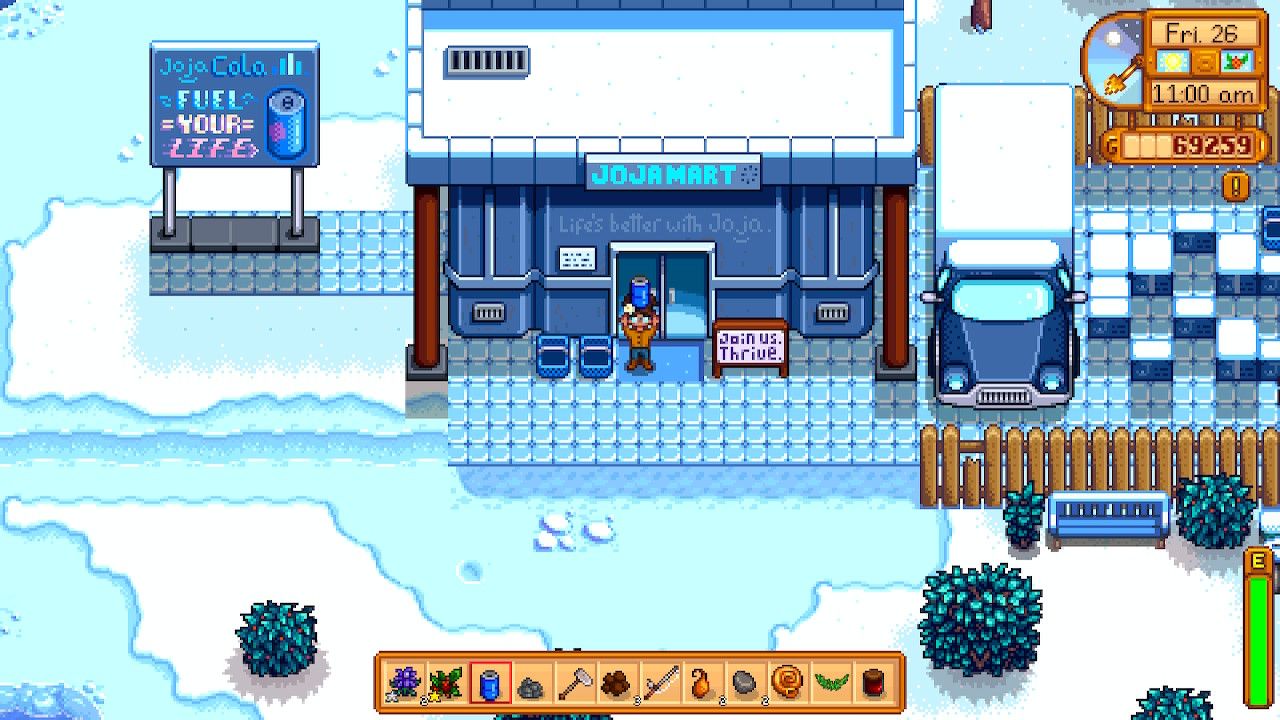 a stardew valley character standing in front of the jojamart, a supermarket