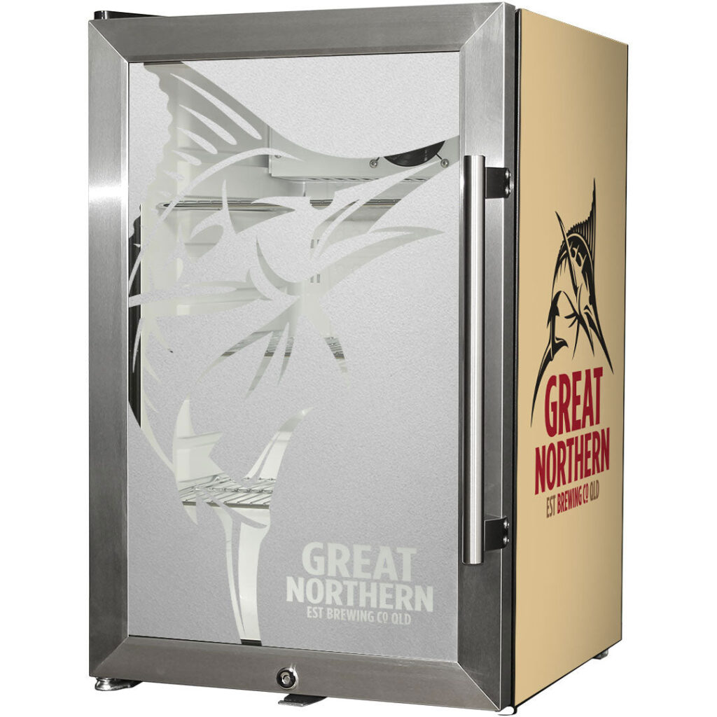 great northern Great Northern Gold Tropical Glass Door Fridge - 80 Cans Right Hinge Model EC68-SSH-GOLD | Retrocade