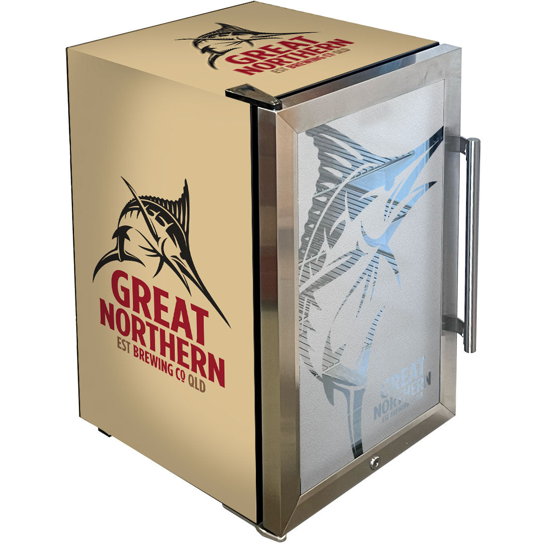 great northern Great Northern Gold Tropical Glass Door Fridge - 80 Cans Left Hinge Model EC68L-SSH-GOLD | Retrocade - Image 2