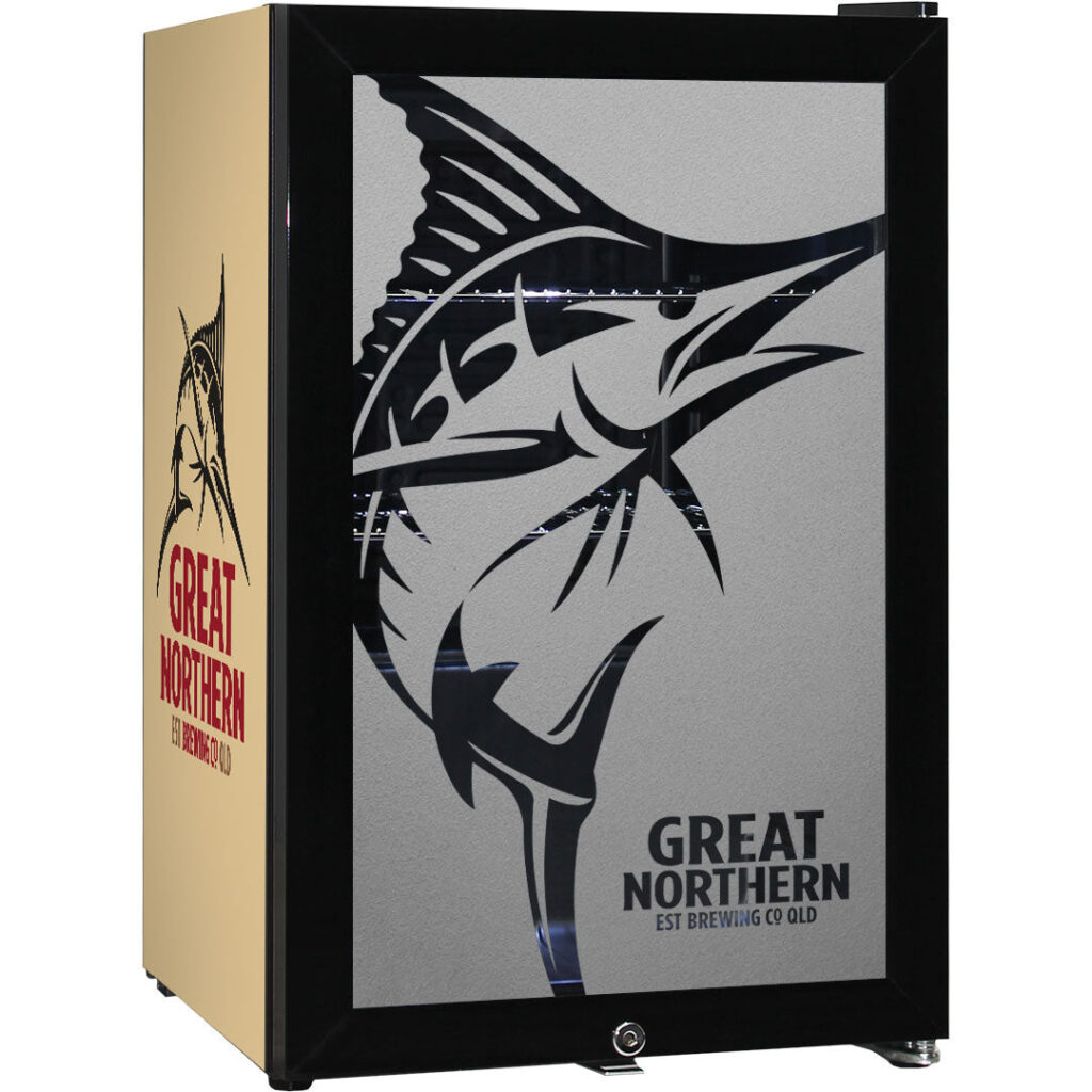 great northern Great Northern Branded Glass Door Bar Fridge With Cool Frosted Door Logo - Model SC70-B-GOLD | Retrocade