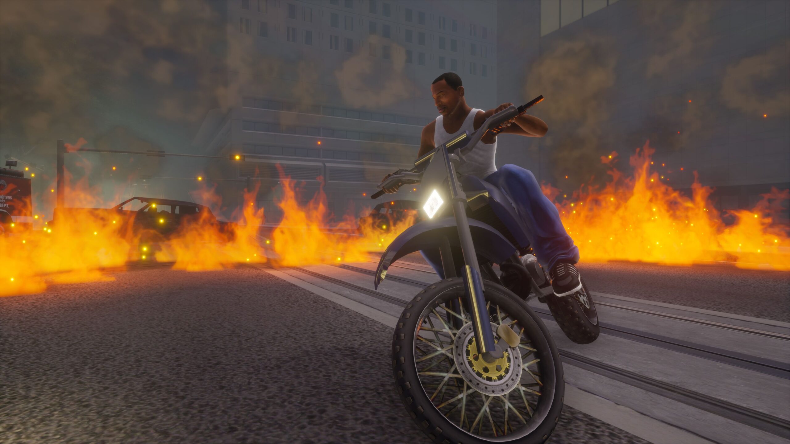 Carl “CJ” Johnson, of the Grove Street Families, aboard a motorcycle with flames blazing behind him, in Grand Theft Auto: San Andreas