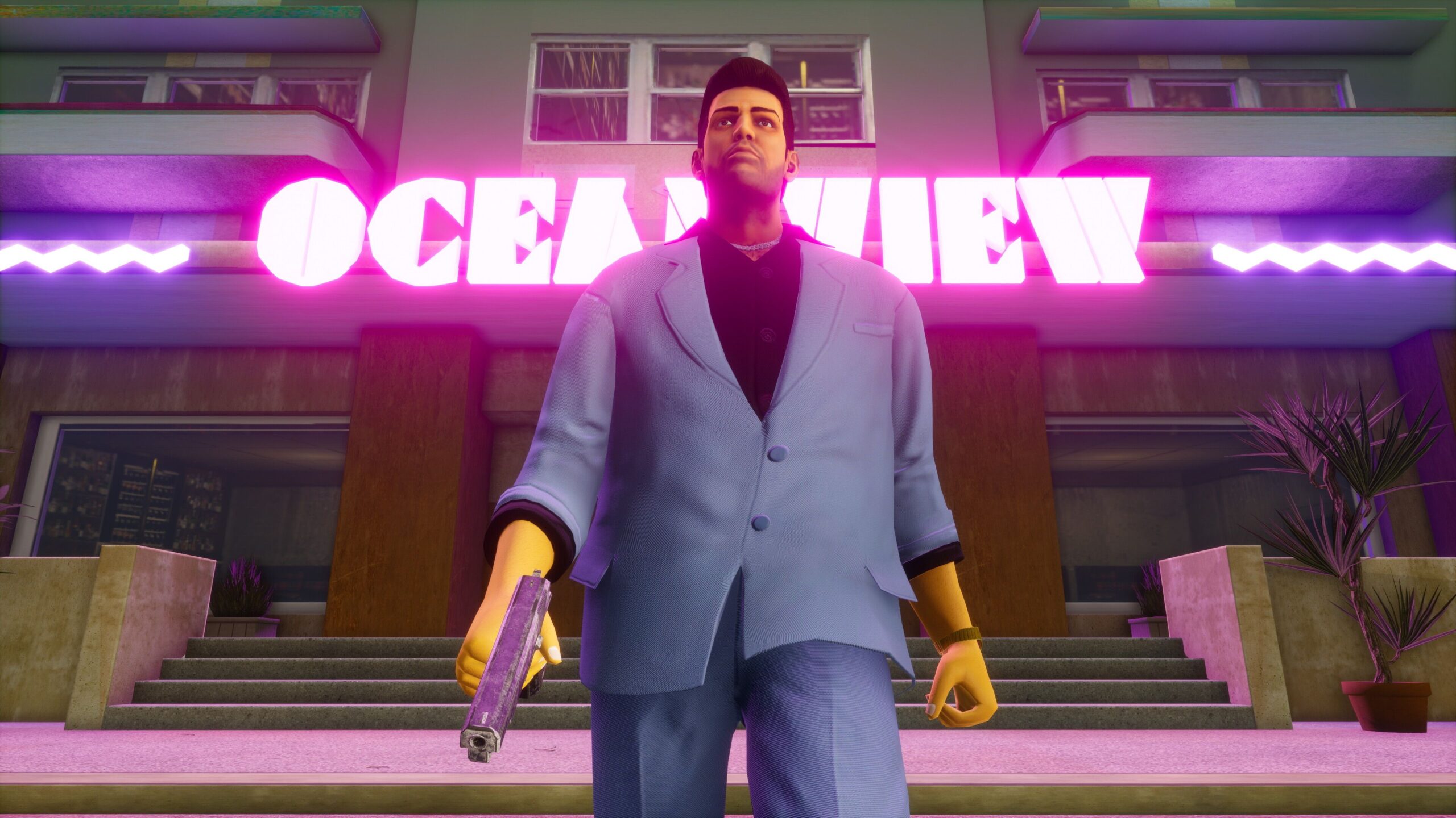 Tommy Vercetti exists the Oceanview in GTA Vice City Definitive Edition