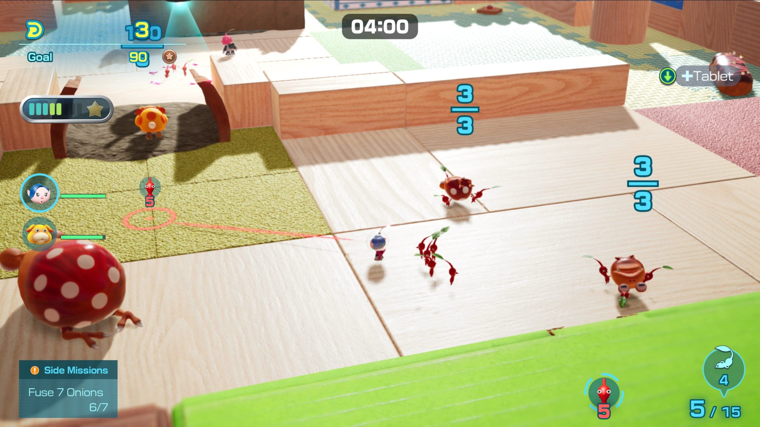 A Pikmin 4 explorer commands several Pikmin and Oatchi around to carry dead Bulborbs, treats, and other objects.
