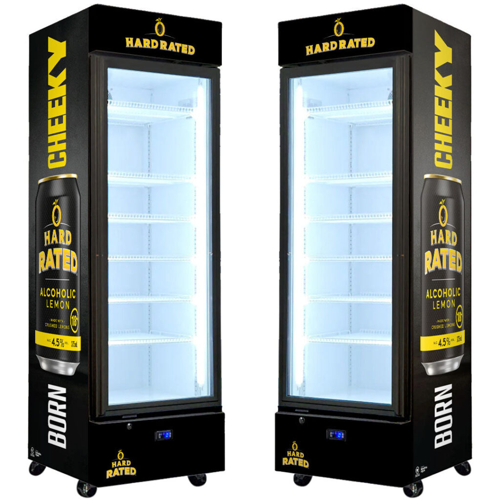 hard rated Hard Rated Upright Quiet Running Black Glass Door Bar Fridge - Model SC372B-HR | Retrocade