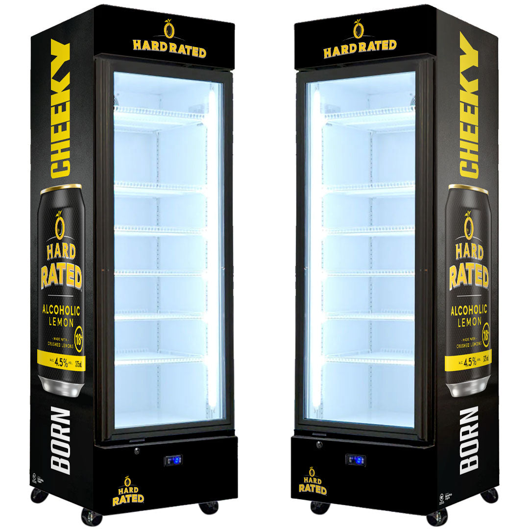 hard rated Hard Rated Upright Quiet Running Black Glass Door Bar Fridge - Model SC372B-HR | Retrocade