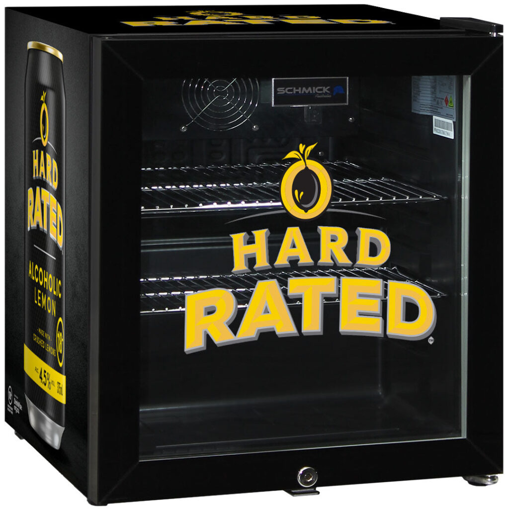hard rated Hard Rated branded Glass Door Mini Bar Fridge With Lock - 38 Cans - Model SC50AB-HR | Retrocade