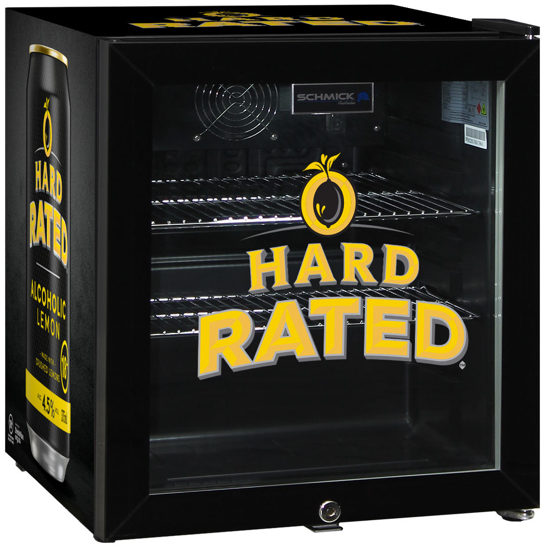 hard rated Hard Rated branded Glass Door Mini Bar Fridge With Lock - 38 Cans - Model SC50AB-HR | Retrocade