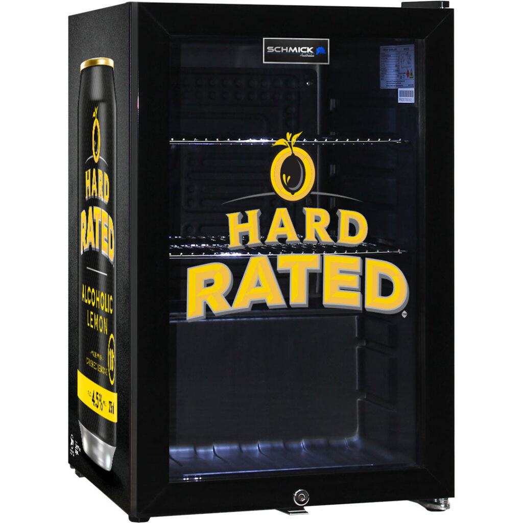 hard rated Hard Rated Branded Glass Door Bar Fridge With Cool Frosted Door Logo - Model SC70-B-HR | Retrocade