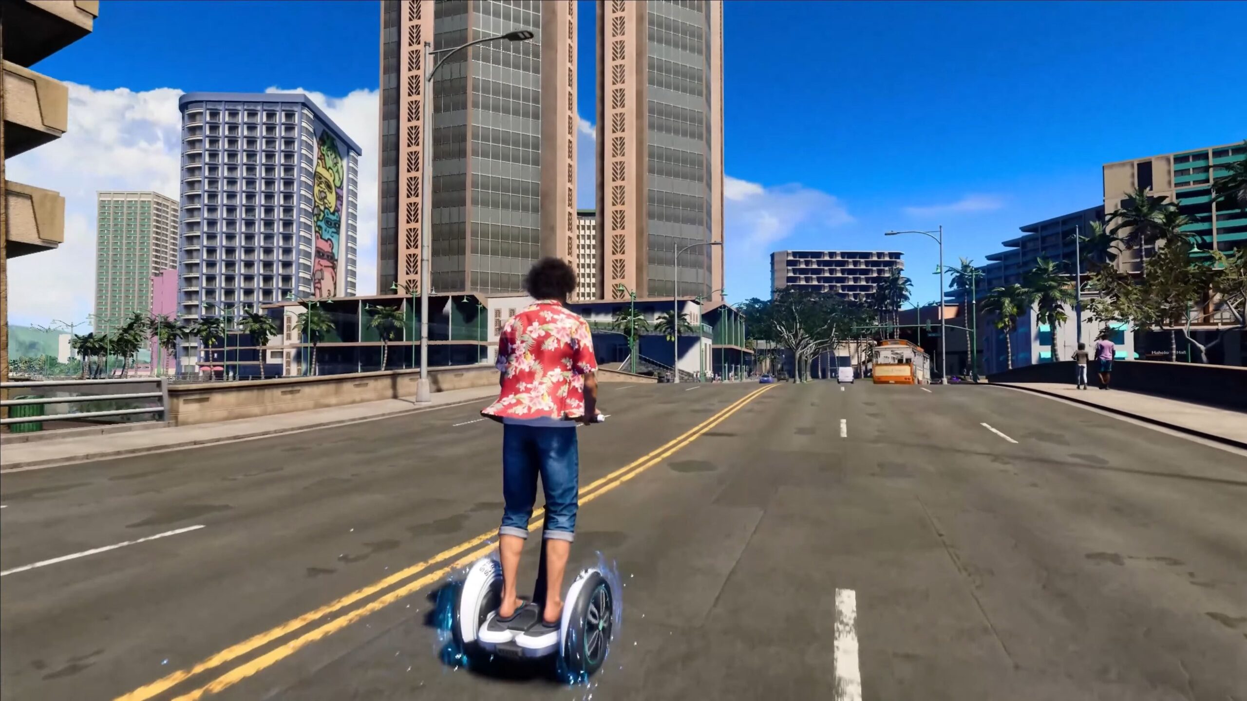 Ichiban Kasuga rides a Segway-like scooter in a screenshot from Like A Dragon: Infinite Wealth