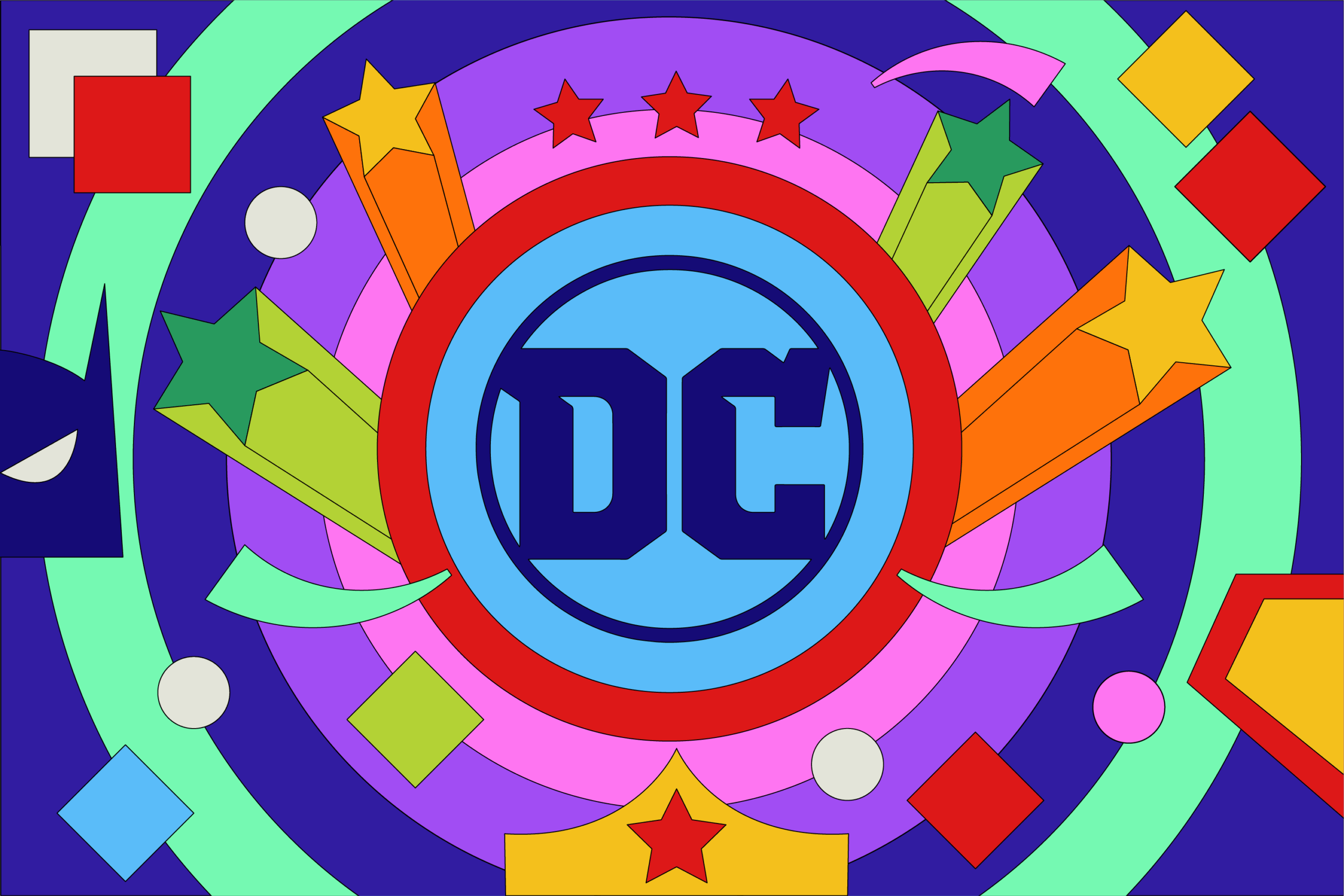 Bright, colorful illustration of DC Comics logo