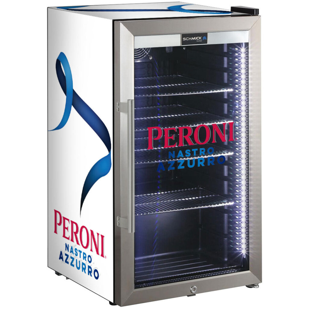 peroni Peroni Themed Alfresco Bar Fridge With Led Strip Lights, Lock and LOW E Glassd - Model SC88-SS-PERONI | Retrocade