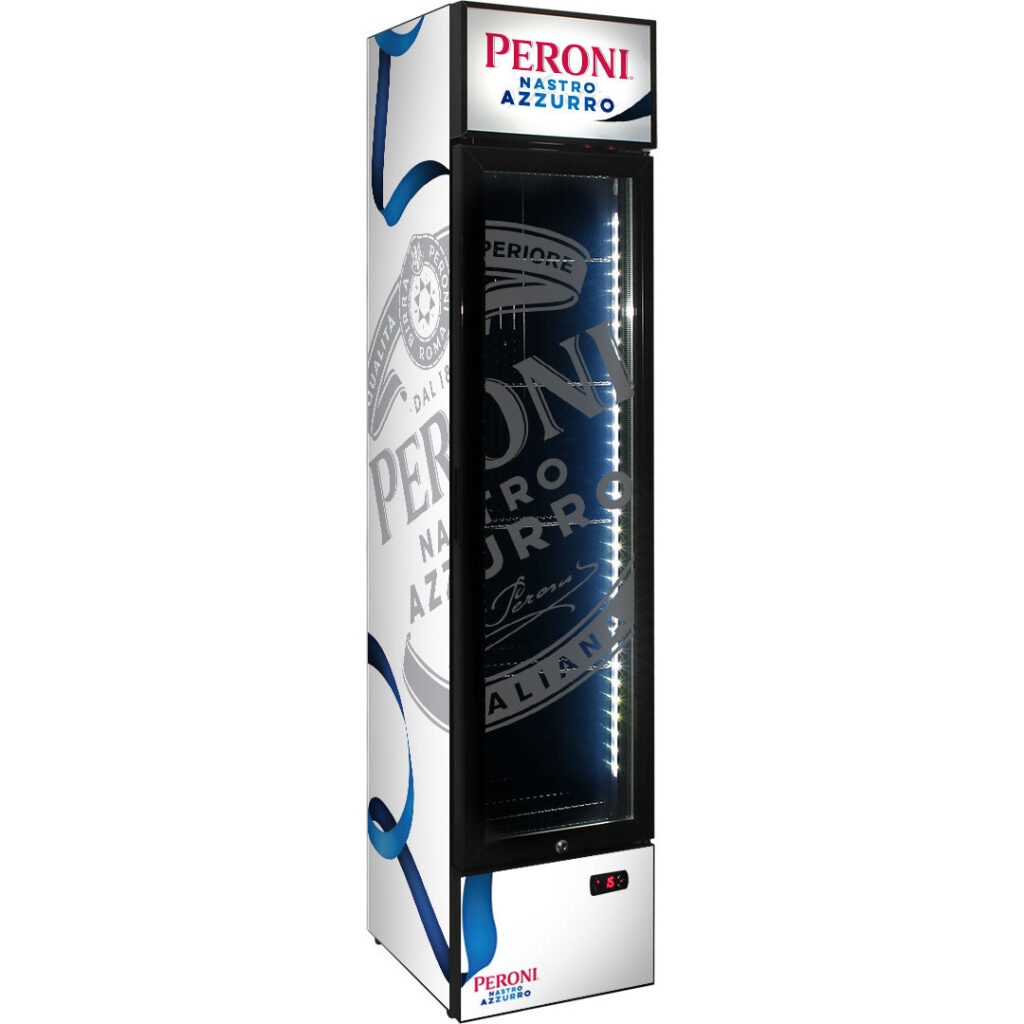 peroni Peroni Branded Skinny Upright Bar Fridge - Model SS-P160-PERONI-V2 | Retrocade