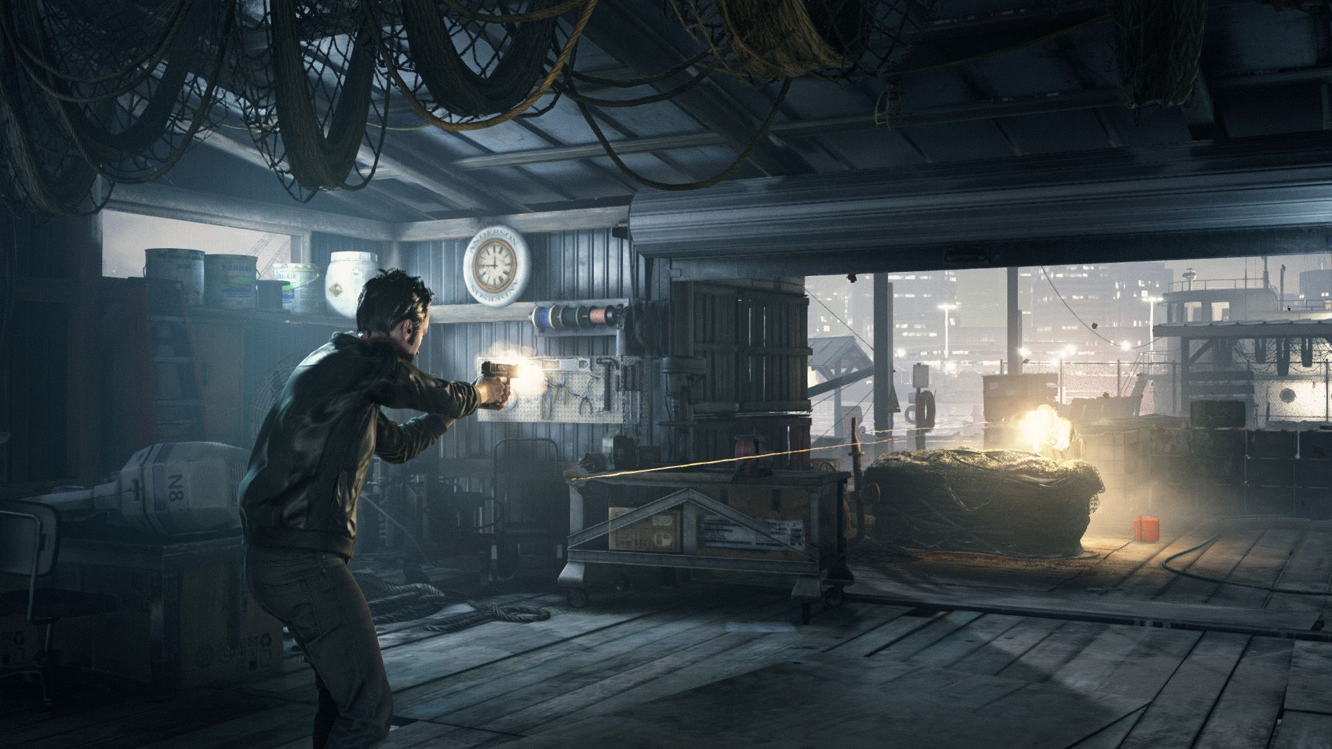 A character shoots a gun in Quantum Break.