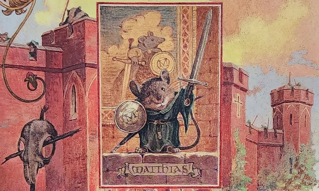 The ramparts of Redwall abbey, as seen on the cover of Redwall. In an inset panel, Mattias the mouse raises the sword and shield of Martin the Warrior, behind him is a tapestry of Martin with the same objects. 