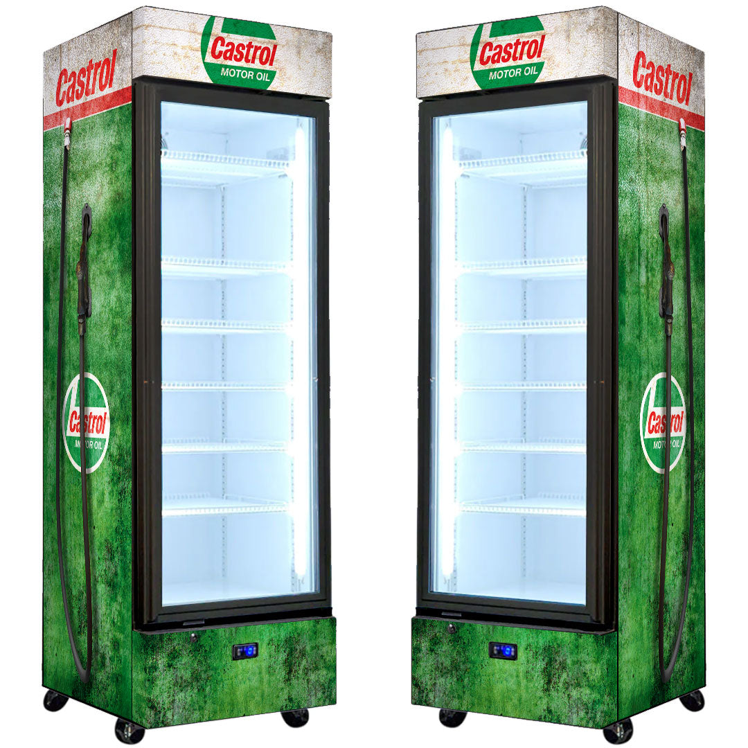 castrol Castrol Fuel Pump Upright Quiet Running Black Glass Door Bar Fridge - Model SC372-CASTROL | Retrocade