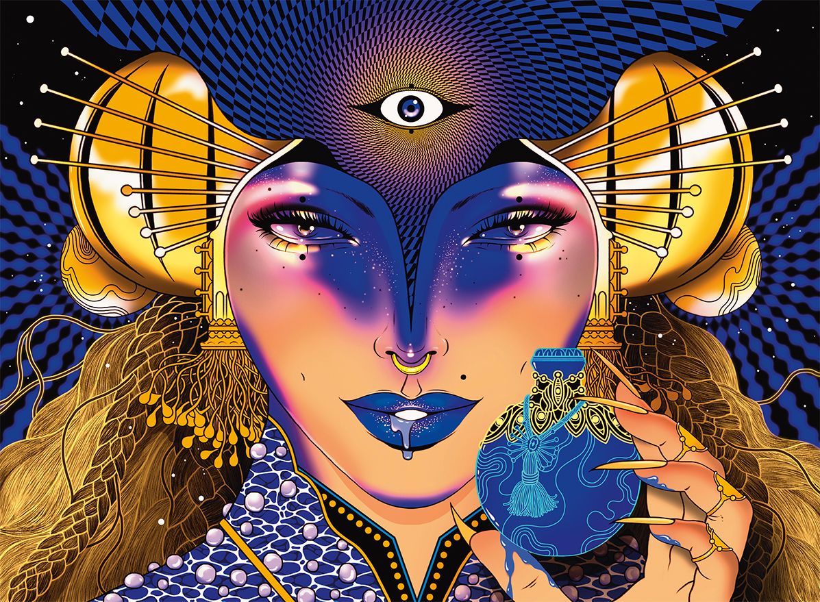 A woman wearing an elaborate gold headdress holds up a potion, its remnants dripping from her purple lips.