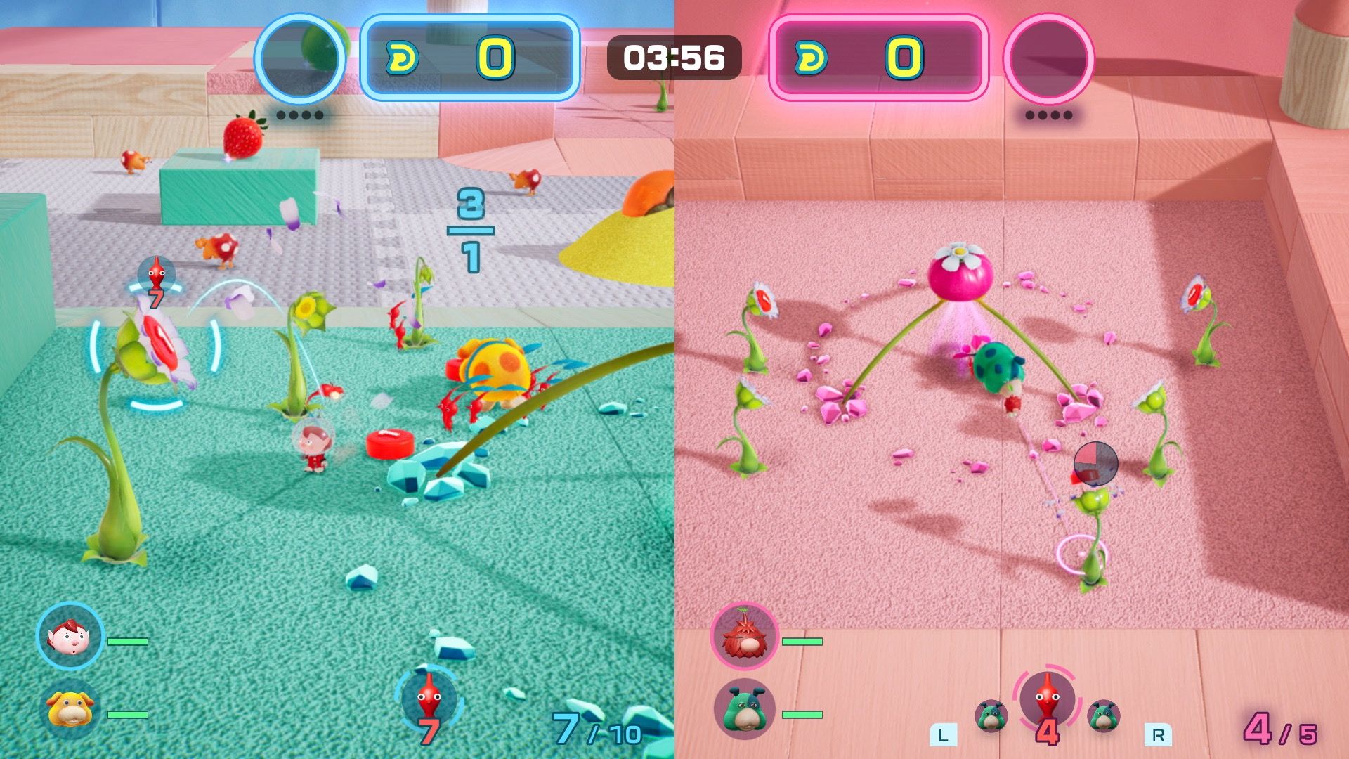 A Dandori Battle in Pikmin 4, shows a splitscreen setup with two players fighting for treasure and resources