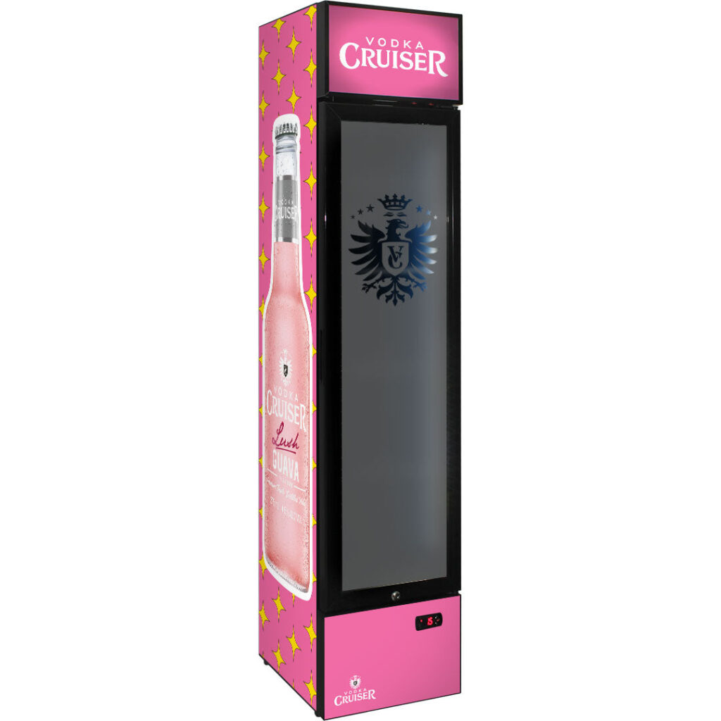 vodka cruiser Vodka Cruiser Branded Skinny Upright Bar Fridge - Model SS-P160-VC | Retrocade