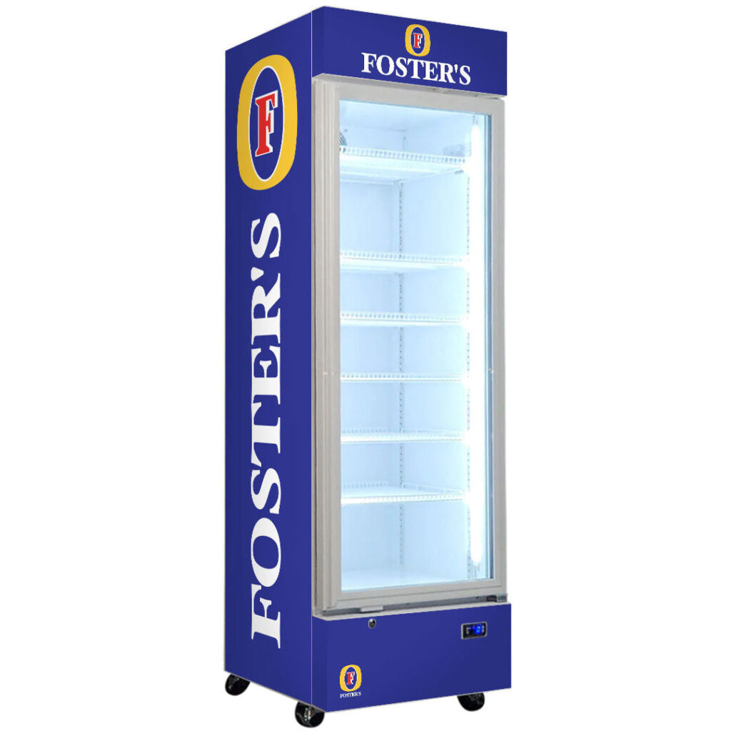 fosters Fosters Lager Branded Design - Upright Quiet Running Glass Door Bar Fridge - Model SC372W-FOSTERS | Retrocade