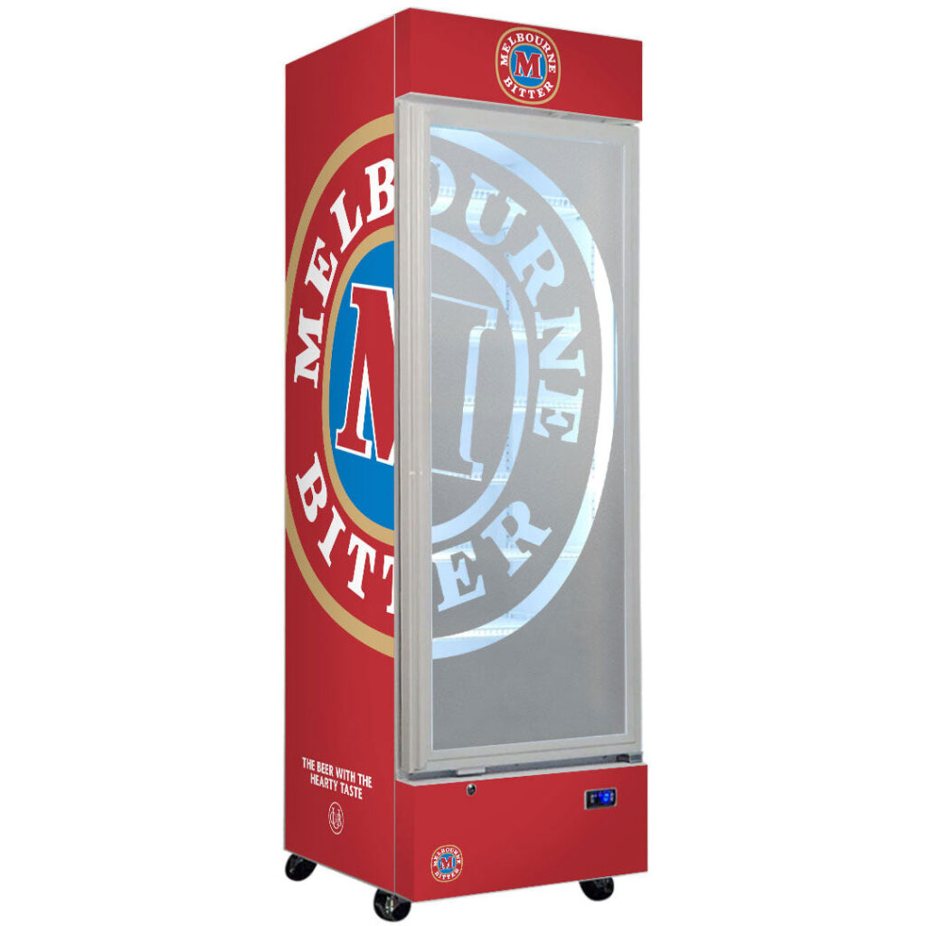 melbourne bitter Melbourne Bitter Branded Design - Upright Quiet Running Glass Door Bar Fridge - Model SC372W-MB | Retrocade