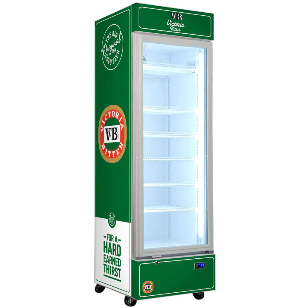 victoria bitter Original Victoria Bitter Branded Design - Upright Quiet Running Glass Door Bar Fridge - Model SC372W-VB2 | Retrocade
