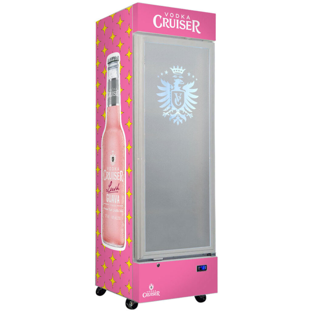vodka cruiser Vodka Cruiser Branded Design - Upright Quiet Running Glass Door Bar Fridge - Model T2-A645-SC372W-VC | Retrocade