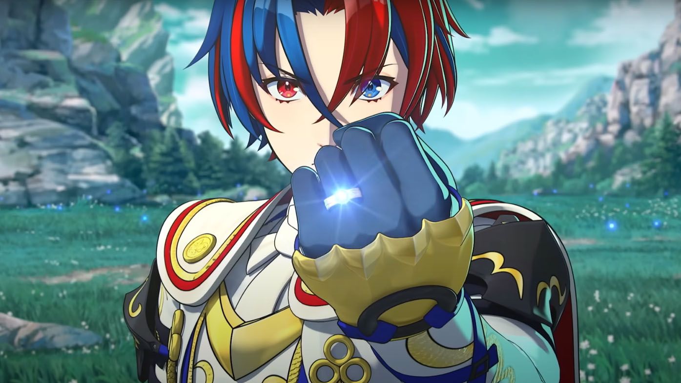 a character in Fire Emblem engage brandishes a fist wearing a glowing power ring