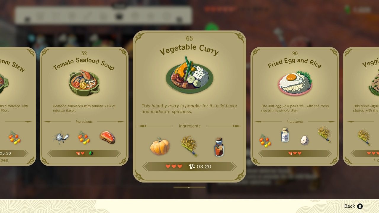 A screenshot of the recipe food showcasing the Vegetable Curry in Zelda: Tears of the Kingdom