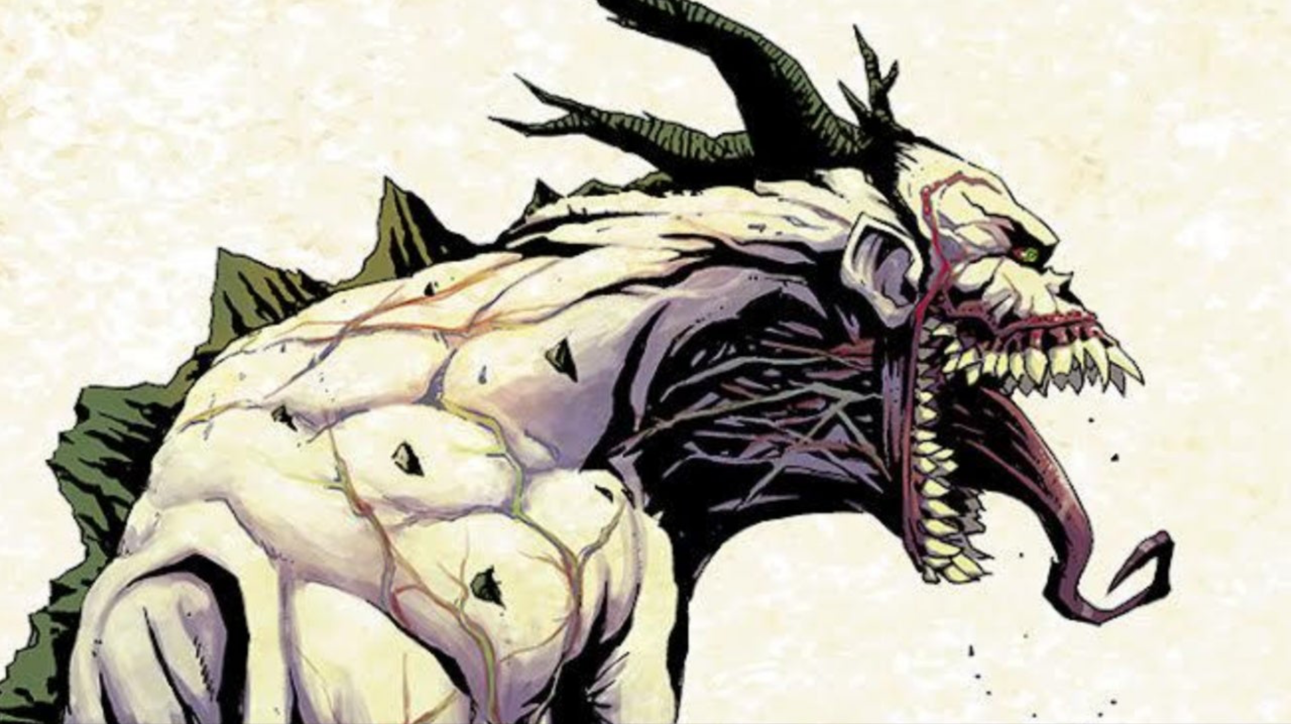 A white creature with green horns, scales, and large teeth from Absolute Batman #15