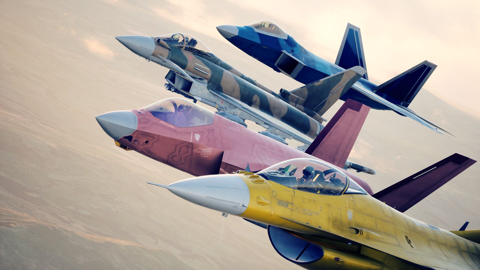 Multicolored jets appear in Ace Combat 8: Wings of Theve.