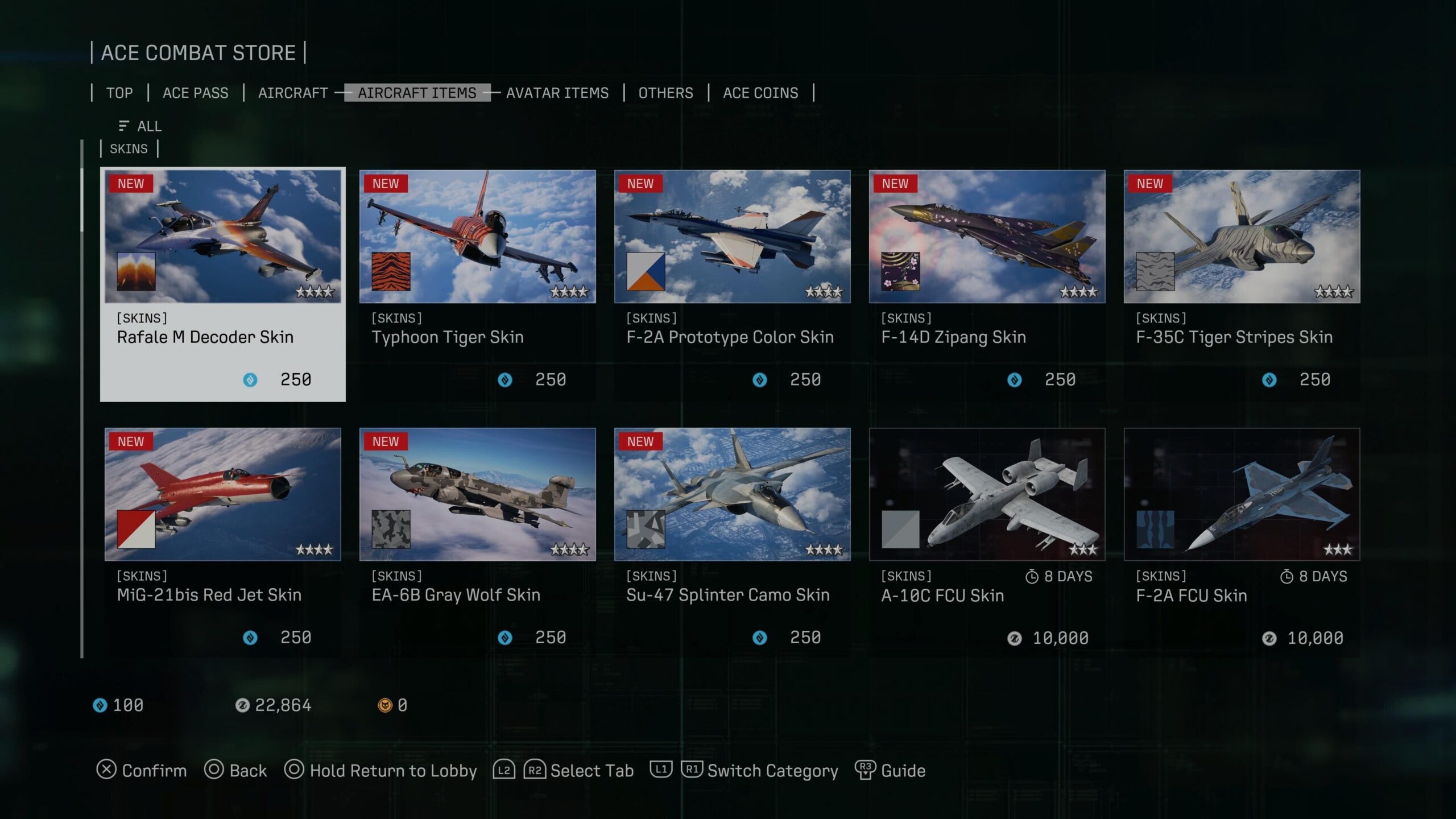 A store page in Ace Combat 8: Wings of Theve shows purchasable skins.