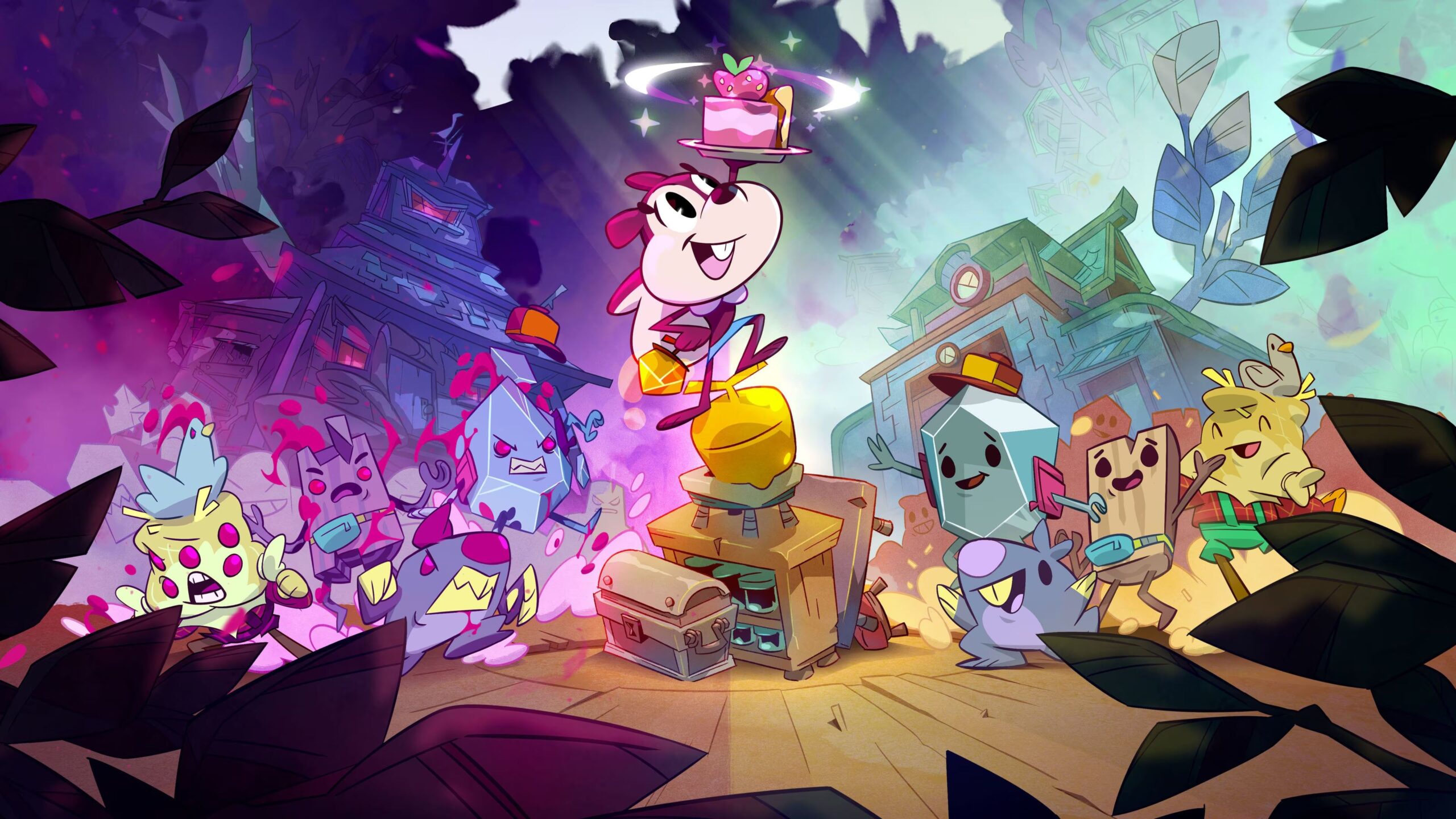 A squirrel holds a piece of cake in Acornia: Mirror Worlds.