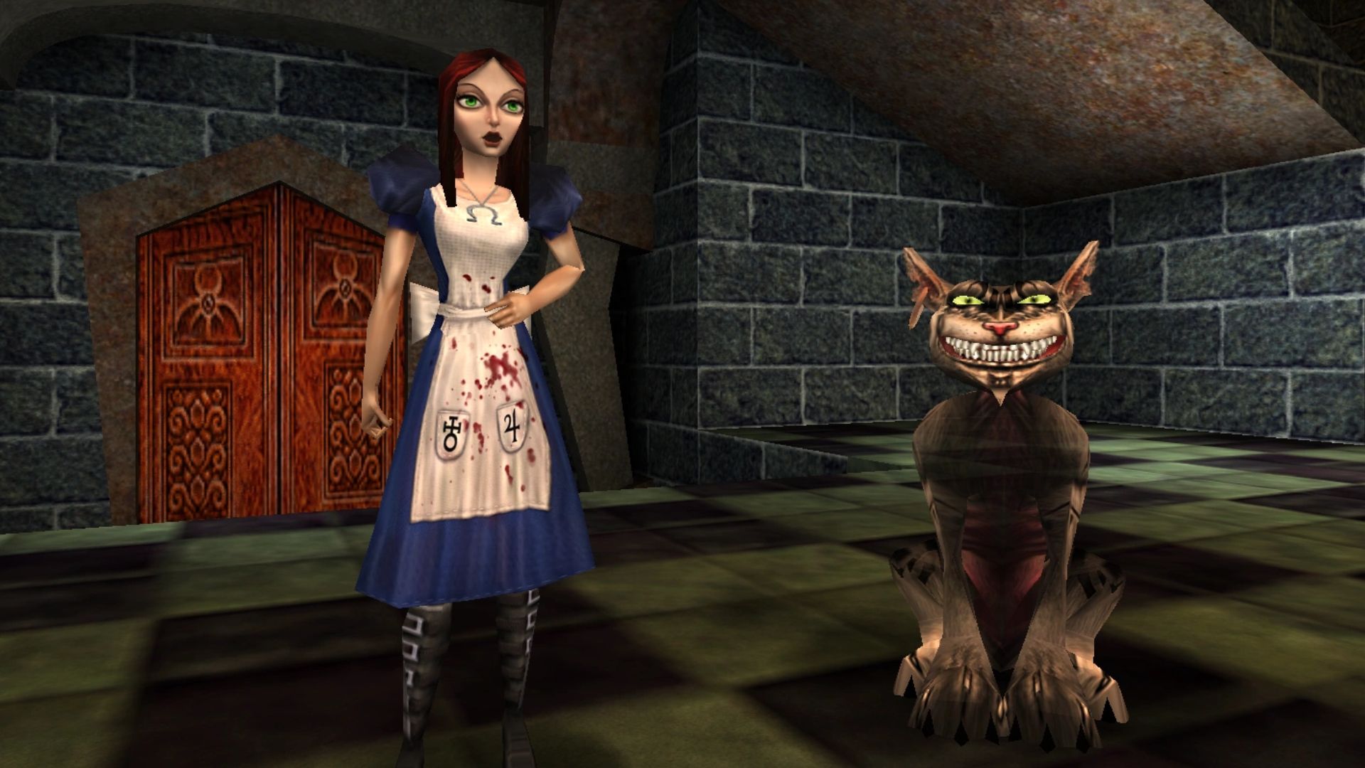 Alice stands next to the Cheshire Cat