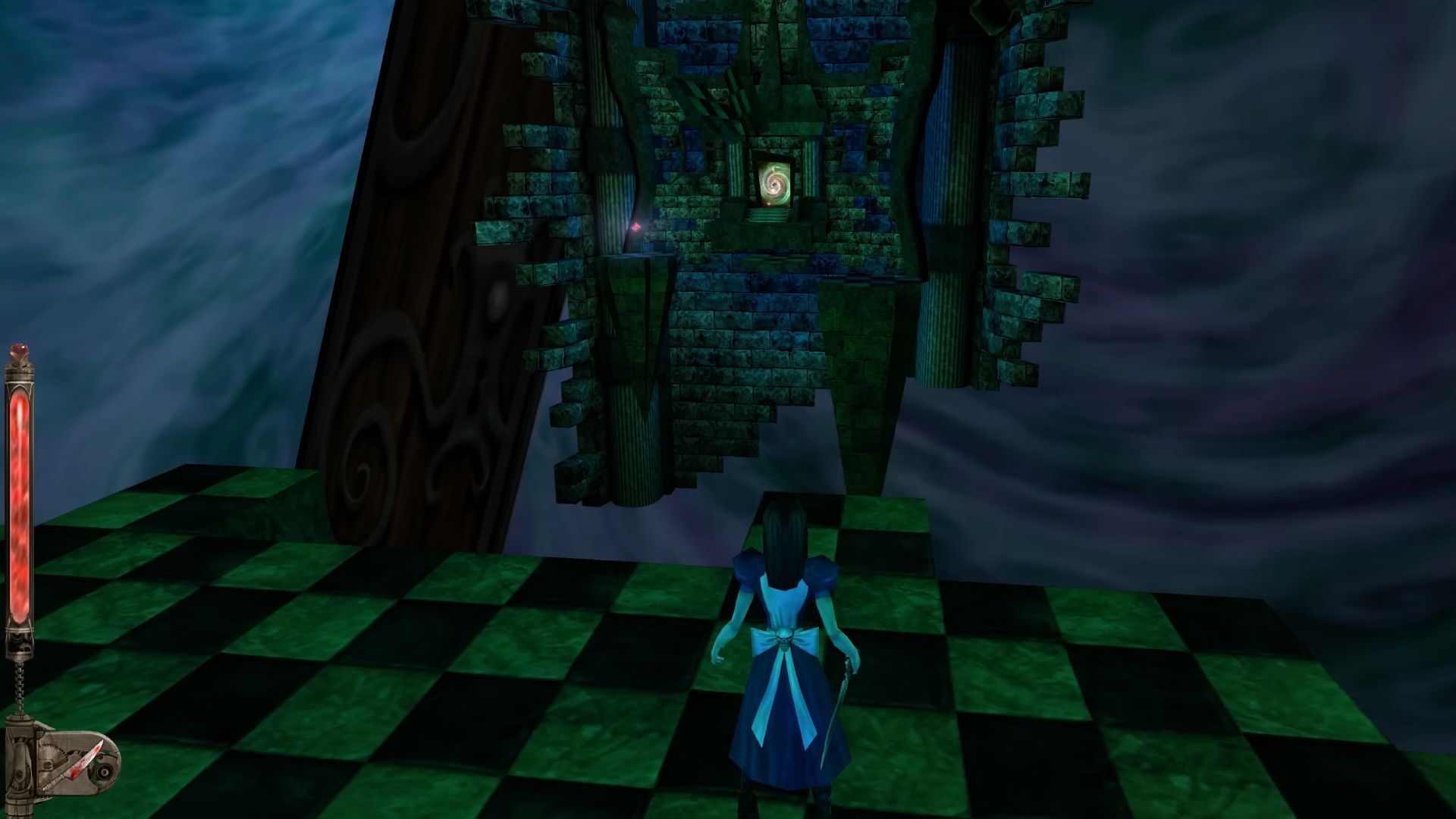 Alice stands on solid ground, though the walls have given way, revealing an infinite, swirling tempest.
