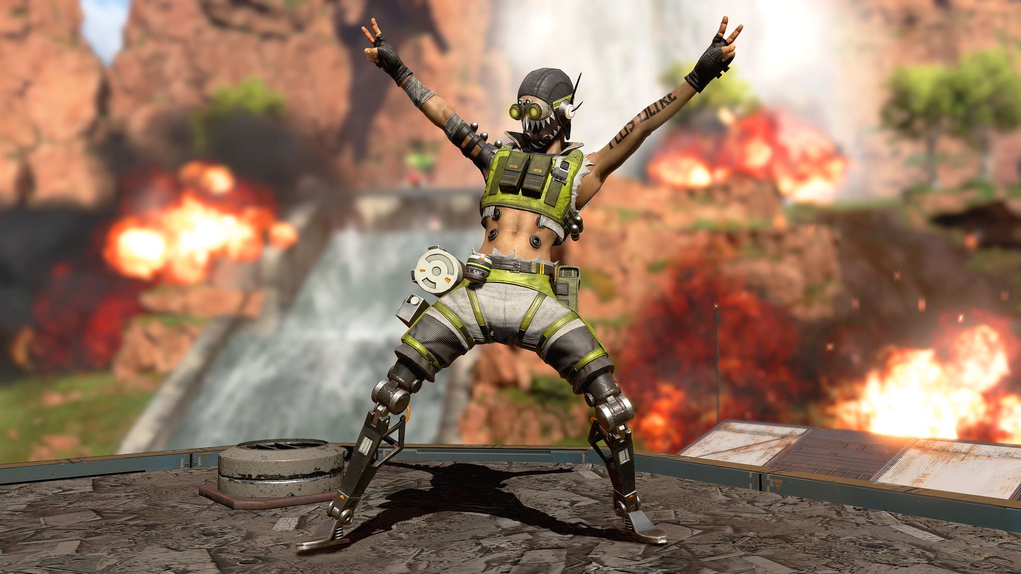 Octane celebrating in Apex Legends as explosions go off behind him