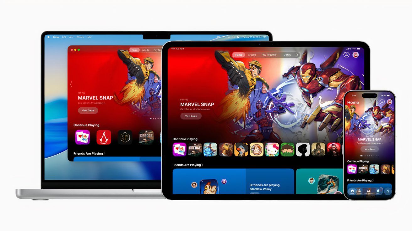 The Apple Games app appears on a Mac and iPad.