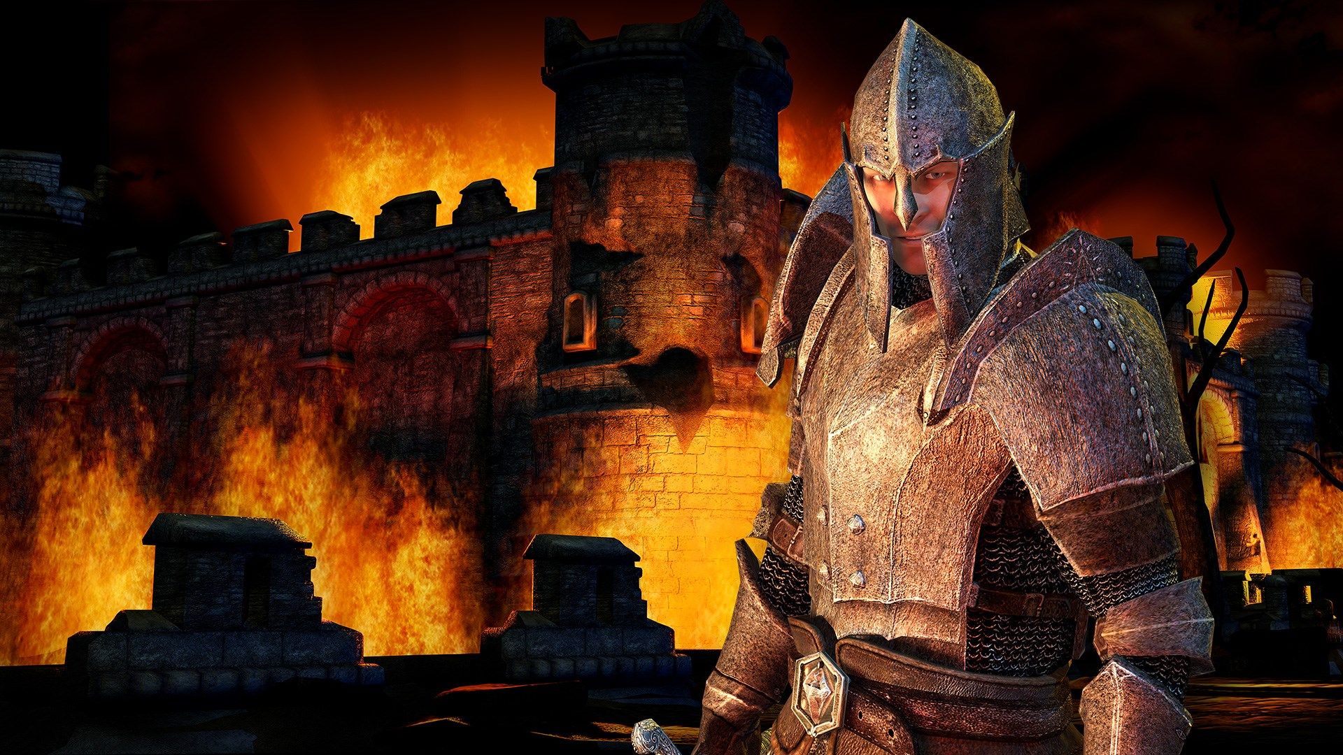 A knight standing in front of a burning castle in The Elder Scrolls 4: Oblivion