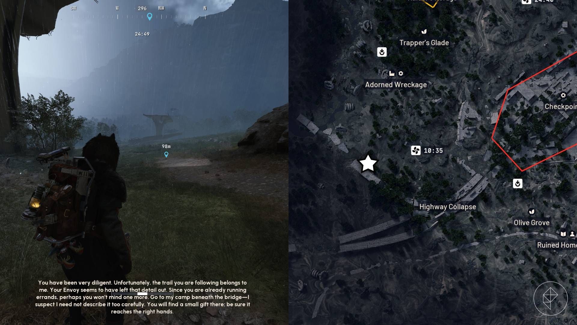 The left-hand side of the image shows the player in Arc Raiders standing in front of the objective for the "A Path Not Yours" quest while the right-hand side of the image shows the location marked on the in-game map with a star.