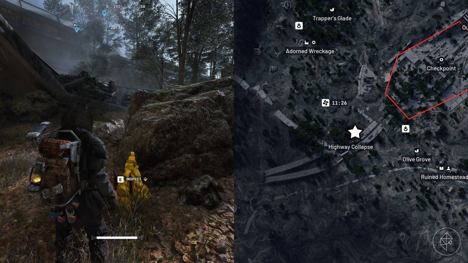 The left-hand side of the image shows the player in Arc Raiders standing in front of the objective for the "A Path Not Yours" quest while the right-hand side of the image shows the location marked on the in-game map with a star.